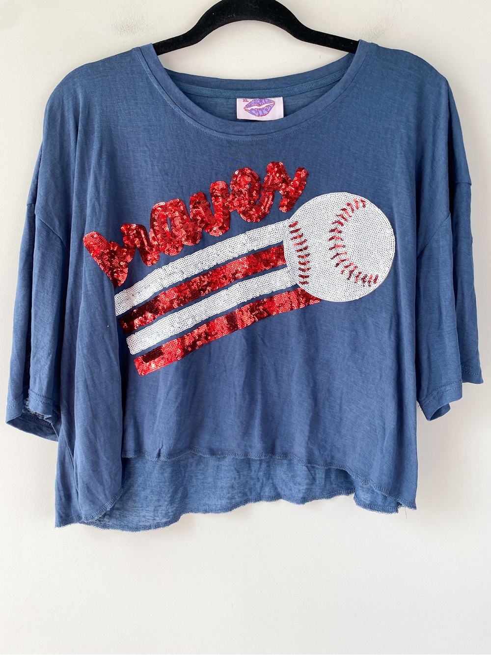 Sparkle City Womens Braves Crop Tee XL Navy Blue Baseball Sporty Sequin Game Day